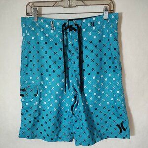 Hurley Board Shorts Mens Size 30 Swim Fishing Boating Teal White 1 Cargo Pocket